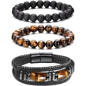 Gift-Ready Men's Leather & Lava Rock Bracelet Set - Perfect for Any Celebration